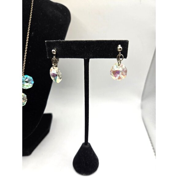 Vintage STERLING Silver Aurora Borealis Crystal Necklace & Clip on Earring Set - Picture 3 of 8